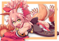 Rule 34 | 1girl, absurdres, animal ear fluff, animal ears, animal hands, bell, black legwear, breasts, cat paws, cleavage, collar, collarbone, fangs, fate/grand order, fate (series), fox ears, fox girl, fox tail, gloves, hair ribbon, highres, japanese clothes, jingle bell, kimono, large breasts, long hair, looking at viewer, lying, neck bell, on stomach, open mouth, paw gloves, paw shoes, pink hair, ponytail, red kimono, red ribbon, ribbon, shoes, solo, suzumekasa, tail, tamamo (fate), tamamo cat (fate), tamamo cat (first ascension) (fate), yellow eyes