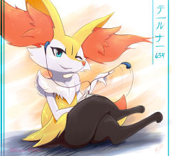 Rule 34 | 1girl, alternate eye color, animal ear fluff, animal ears, animal hands, animal nose, artist name, black fur, blue eyes, body fur, braixen, character name, creatures (company), crossed legs, dated, digital media player, earphones, eryz, fang, fang out, female focus, flat chest, fox ears, fox girl, fox tail, full body, furry, furry female, game freak, gen 6 pokemon, grin, hand up, highres, ipod, japanese text, looking at viewer, motion lines, nintendo, one eye closed, orange background, pokedex number, pokemon, pokemon (creature), sideways glance, signature, simple background, sitting, smile, snout, solo, tail, thick thighs, thighs, translated, watermark, white fur, wink, yellow fur