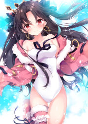 Rule 34 | 1girl, bare shoulders, black bow, black hair, blush, bow, breasts, closed mouth, collarbone, crown, earrings, fate/grand order, fate (series), floating hair, fur trim, hair bow, hood, hoodie, hoop earrings, ishtar (fate), ishtar (swimsuit rider) (fate), jewelry, knee up, long hair, looking at viewer, medium breasts, nogi takayoshi, one-piece swimsuit, open clothes, open hoodie, parted bangs, red eyes, ribbon, shiny skin, single thighhigh, smile, solo, swimsuit, thighhighs, tohsaka rin, white one-piece swimsuit
