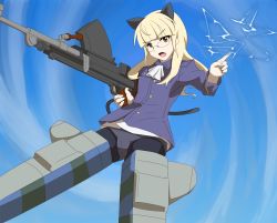 Rule 34 | 1girl, ajapar, animal ears, blonde hair, bren lmg, cloud, day, electricity, glasses, gun, highres, index finger raised, light machine gun, looking at viewer, machine gun, open mouth, outdoors, panties, panties under pantyhose, pantyhose, perrine h. clostermann, sky, solo, squad automatic weapon, strike witches, striker unit, tail, underwear, weapon, white panties, world witches series, yellow eyes