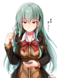 Rule 34 | 1girl, aqua eyes, aqua hair, baileys (tranquillity650), blush, bow, bowtie, breasts, brown cardigan, brown jacket, cardigan, cellphone, collared shirt, commentary, hair ornament, hairclip, highres, holding, holding phone, jacket, kantai collection, large breasts, long hair, looking at phone, open mouth, parted lips, phone, playing with own hair, red bow, red bowtie, school uniform, shirt, signature, simple background, skirt, smartphone, solo, suzuya (kancolle), translated, twitter username, white background, white shirt