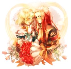 Rule 34 | 00s, 1boy, 1girl, asch (tales), bad id, bad pixiv id, blonde hair, bouquet, couple, crow00, closed eyes, flower, gloves, green eyes, hairband, hetero, long hair, natalia luzu kimlasca lanvaldear, open mouth, red flower, red hair, red rose, rose, short hair, surcoat, tales of (series), tales of the abyss