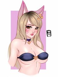 Rule 34 | 1girl, ahri (league of legends), animal ears, artist logo, bikini, black bikini, blonde hair, blush, breasts, choker, cleavage, closed mouth, collarbone, ear piercing, eyebrows, eyelashes, facial mark, female focus, fox ears, fox girl, heart o-ring, highres, k/da (league of legends), k/da ahri, konomiarts, large breasts, league of legends, lipstick, long hair, makeup, nipples, o-ring, o-ring bikini, official alternate costume, piercing, pink background, pink lips, simple background, solo, swimsuit, two-tone background, upper body, white background, yellow eyes