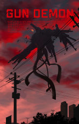 Rule 34 | ammunition, bird, black plume, building, bullet, chainsaw man, cloud, cloudy sky, gun, gun devil (chainsaw man), highres, horror (theme), monster, night, no humans, outdoors, power lines, scenery, shadow, silhouette, sinister, sky, solo, tree, utility pole, weapon, wire