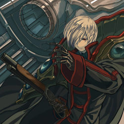 Rule 34 | 1boy, armor, bad id, bad pixiv id, black cape, black coat, cannon, cape, closed mouth, coat, elona, expressionless, formal, grey hair, gun, hair over one eye, harusame (rueken), high collar, holding, holding gun, holding weapon, long coat, long sleeves, looking away, machinery, male focus, mani of machine, mechanical hands, mechanical parts, one eye covered, pauldrons, pump action, red eyes, short hair, shotgun, shoulder armor, solo, sweater, swept bangs, tsurime, turtleneck, turtleneck sweater, upper body, weapon