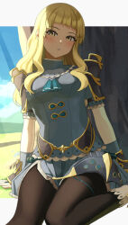 Rule 34 | 1girl, armor, black pantyhose, blonde hair, breasts, clair (fire emblem), commission, dress, fire emblem, fire emblem echoes: shadows of valentia, long hair, medium breasts, nintendo, open mouth, pantyhose, pearlbbbb, ponytail, shoulder armor, simple background, solo, sunlight, weapon, yellow eyes