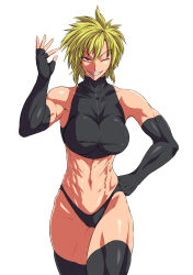 Rule 34 | 1girl, abs, beast anime, black gloves, black panties, black thighhighs, blonde hair, breasts, covered erect nipples, elbow gloves, fingerless gloves, gloves, grin, hand on own hip, large breasts, looking at viewer, midriff, muscular, muscular female, navel, original, panties, red eyes, short hair, simple background, smile, solo, thighhighs, thong, underwear, white background