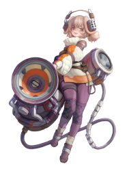 Rule 34 | 1girl, :d, absurdres, animal ears, boots, bright pupils, brown eyes, brown hair, cable, detached sleeves, dog ears, full body, headphones, highres, looking at viewer, mokagu, open mouth, original, pantyhose, purple pantyhose, short hair, simple background, smile, solo, speaker, tachi-e, teeth, twintails, upper teeth only, white background, white pupils