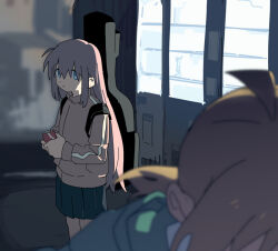 Rule 34 | 2girls, ahoge, black skirt, blonde hair, blue eyes, blurry, blurry foreground, bocchi the rock!, can, closed mouth, commentary request, d.y.x., expressionless, gotoh hitori, green hoodie, guitar case, hair over eyes, high collar, holding, holding can, hood, hood down, hoodie, ijichi nijika, instrument case, instrument on back, jacket, long bangs, long sleeves, looking at another, multiple girls, night, out of frame, outdoors, pink hair, pink jacket, pleated skirt, scene reference, sidelighting, skirt, standing, track jacket, vending machine