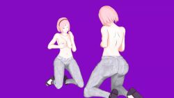 Rule 34 | 1girl, 3d, animated, animated gif, ass, boruto: naruto next generations, bouncing breasts, breasts, breasts squeezed together, green eyes, grey pants, hairband, hand on own chest, haruno sakura, kneeling, large breasts, looking down, mcjuniorgohan, naruto (series), nipples, pants, pink hair, rubbing breasts, sandals, simple background, solo, topless, topless female