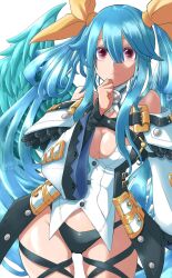 Rule 34 | 1girl, angel wings, asymmetrical wings, bare shoulders, belt, black panties, blue hair, breasts, cleavage, cleavage cutout, closed mouth, clothing cutout, detached collar, detached sleeves, dizzy (guilty gear), guilty gear, guilty gear xrd, hair between eyes, highres, long hair, looking at viewer, mariebell, medium breasts, monster girl, off shoulder, panties, red eyes, shaded face, showgirl skirt, sidelocks, skindentation, skirt, solo, thick thighs, thigh gap, thigh strap, thighs, twintails, underwear, wide sleeves, wings