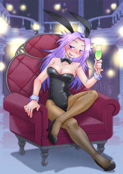 Rule 34 | 10s, 1girl, animal ears, bow, bowtie, chalice, couch, cup, detached collar, drunk, fake animal ears, fishnet pantyhose, fishnets, glass, highres, jun&#039;you (kancolle), kantai collection, leotard, long hair, okapi kingdom, pantyhose, playboy bunny, purple eyes, purple hair, rabbit ears, sitting, tongue, tongue out, wrist cuffs