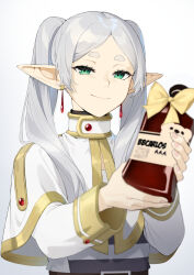 Rule 34 | 1girl, blurry, bottle, cape, commentary, depth of field, earrings, english commentary, frieren, gradient background, green eyes, grey hair, highres, holding, holding bottle, jewelry, long hair, pointy ears, sasoura, smile, solo, sousou no frieren, striped clothes, thick eyebrows, twintails, upper body, white cape