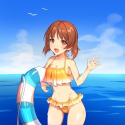 Rule 34 | 10s, 1girl, :d, absurdres, akamoku, bad id, bad pixiv id, bikini, bird, blue sky, breasts, brown eyes, brown hair, cleavage, cloud, cloudy sky, commentary, cowboy shot, day, frilled bikini, frills, girls und panzer, groin, highleg, highleg bikini, highres, holding, holding swim ring, innertube, looking at viewer, medium breasts, navel, nishizumi miho, ocean, open mouth, outdoors, seagull, short hair, sky, smile, solo, standing, swim ring, swimsuit, wading, wet, yellow bikini