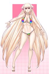 Rule 34 | 1girl, absurdres, bare shoulders, bemannen, bikini, blonde hair, bracelet, breasts, brown eyes, chii, chobits, cleavage, closed mouth, collarbone, full body, gluteal fold, hair ornament, hair tubes, highres, jewelry, legs, lips, long hair, looking at viewer, medium breasts, nail polish, navel, pink background, rainbow bikini, reaching, sandals, sidelocks, smile, solo, standing, swimsuit, toes, very long hair, white background