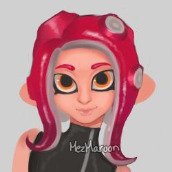 Rule 34 | 1girl, agent 8 (splatoon), artist name, bare shoulders, closed mouth, female focus, flat chest, gradient hair, grey background, happy, highres, jpeg artifacts, lips, looking at viewer, mezmaroon, multicolored hair, nintendo, octoling player character, orange eyes, pointy ears, purple hair, red hair, signature, simple background, smile, solo, splatoon (series), splatoon 2, tentacle hair, tentacles, upper body