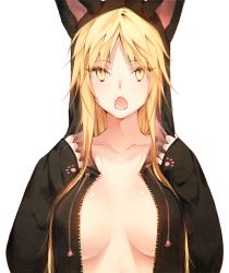 Rule 34 | 1girl, :o, animal hood, blonde hair, breasts, cat hood, drawstring, fangs, genderswap, genderswap (mtf), hood, hood up, izumi kouhei, large breasts, long hair, long sleeves, looking at viewer, open clothes, open mouth, pepper fever, simple background, sleeves past wrists, solo, unzipped, upper body, white background, world trigger, yellow eyes