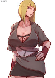 Rule 34 | 1girl, aosora2823, blonde hair, blue eyes, breasts, cleavage, collarbone, dress, fishnet top, fishnets, grey dress, hand on own hip, highres, large breasts, looking at viewer, naruto (series), naruto shippuuden, open mouth, samui (naruto), short hair, solo, standing, white background