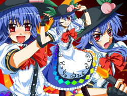 Rule 34 | 1girl, blue hair, blush, bow, female focus, fingerless gloves, food, fruit, gloves, hat, hinanawi tenshi, leaf, long skirt, lowres, open mouth, peach, puffy sleeves, red eyes, short sleeves, skirt, smile, sword, sword of hisou, takana shinno, touhou, weapon, wink
