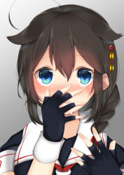 Rule 34 | 1girl, absurdres, ahoge, black gloves, black hair, black serafuku, blue eyes, blush, braid, commentary request, covering face, crying, crying with eyes open, fingernails, gloves, gradient background, grey background, gun, hair between eyes, hair ornament, hair over shoulder, hair ribbon, handgun, hands up, highres, kantai collection, kazama gorou, long hair, looking at viewer, neckerchief, parted lips, portrait, red neckerchief, red ribbon, ribbon, sailor collar, school uniform, serafuku, shigure (kancolle), shigure kai ni (kancolle), short sleeves, single braid, solo, suggestive fluid, tears, weapon, white sailor collar