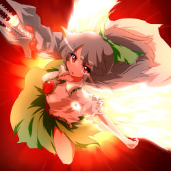 Rule 34 | 1girl, alternate weapon, arm cannon, bad id, bad pixiv id, bow, cape, female focus, fueiku, glowing, glowing wings, green skirt, hair bow, red eyes, reiuji utsuho, shirt, silver hair, skirt, solo, third eye, torn clothes, torn skirt, touhou, weapon, wings