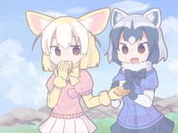 Rule 34 | 10s, 2girls, :d, animal ears, black bow, black bowtie, black gloves, black hair, black skirt, blonde hair, blue shirt, bow, bowtie, breast pocket, brown eyes, cloud, colo (frypan soul), common raccoon (kemono friends), day, eating, extra ears, fennec (kemono friends), food, food in mouth, fox ears, fur collar, giving, gloves, grey hair, highres, holding, holding food, japari bun, kemono friends, looking at another, miniskirt, mountain, multicolored hair, multiple girls, muted color, open mouth, outdoors, pink sweater, pleated skirt, pocket, raccoon ears, shirt, short-sleeved sweater, short hair, short sleeves, skirt, sky, smile, sweater, white skirt, yellow bow, yellow bowtie, yellow gloves
