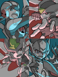 Rule 34 | 4boys, absurdres, android, armor, black bodysuit, blue background, bodysuit, commentary, energy sword, english commentary, forehead jewel, geo stelar (mega man), gloves, greyscale with colored background, helmet, highres, holding, holding weapon, in-franchise crossover, looking at viewer, male focus, mega man (series), mega man battle network (series), mega man star force, mega man zero (series), mega man zx, megaman.exe, multiple boys, netnavi, omega-xis (mega man), open mouth, punching, red background, simple background, slashing, spot color, sword, teeth, ten (ten rockman), vent (mega man), weapon, zero (mega man)