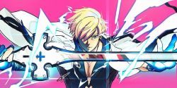 Rule 34 | 1boy, arc system works, bare pectorals, blonde hair, blue eyes, blue gloves, dated, fingerless gloves, fingernails, gloves, guilty gear, guilty gear strive, hair over one eye, holding, holding sword, holding weapon, ky kiske, lens flare, male focus, parted lips, pectorals, pink background, reflection, signature, simple background, solo, steluminosity, sword, upper body, weapon