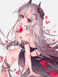 Rule 34 | 1girl, absurdres, apple, arknights, arm support, bikini, black bikini, blush stickers, commentary, demon horns, ear piercing, food, fruit, grey hair, hair ornament, highres, holding, holding food, holding fruit, horns, long hair, mudrock (arknights), mudrock (silent night) (arknights), official alternate costume, oooohyo, petals, piercing, pointy ears, red eyes, simple background, sitting, solo, swimsuit, white background, aged down