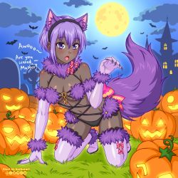 Rule 34 | 1girl, :o, all fours, animal ear fluff, animal ears, artist name, awooo, bare shoulders, bat (animal), black panties, blush, boots, breasts, burbur, cameltoe, castle, claw pose, claws, cloud, commentary, cosplay, dark-skinned female, dark skin, elbow gloves, english commentary, english text, fake animal ears, fang, fate/grand order, fate (series), full body, full moon, fur-trimmed boots, fur-trimmed gloves, fur collar, fur trim, gloves, grass, hair between eyes, hairband, halloween, hand up, hassan of serenity (fate), high heel boots, high heels, highres, jack-o&#039;-lantern, looking at viewer, mash kyrielight, mash kyrielight (dangerous beast), mash kyrielight (dangerous beast) (cosplay), medium breasts, mixed-language commentary, moon, navel, night, official alternate costume, panties, pumpkin, purple eyes, purple hair, revealing clothes, short hair, skin fang, solo, tail, thigh boots, thighhighs, tombstone, underwear, very dark skin, white footwear, white gloves, wolf ears, wolf tail