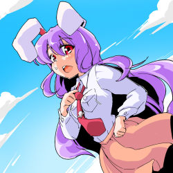 Rule 34 | 1girl, :o, animal ears, blue sky, breasts, rabbit ears, cloud, collared shirt, d:, day, dutch angle, from below, hot, long hair, long sleeves, looking at viewer, looking down, necktie, open mouth, purple hair, red eyes, reisen udongein inaba, shinapuu, shirt, skirt, sky, solo, sweatdrop, tie clip, touhou, very long hair