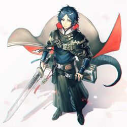 Rule 34 | 1boy, absurdres, arknights, armor, black cape, black footwear, black skirt, blue hair, blue shirt, blue tail, cape, chinese clothes, chromatic aberration, clishee, commentary, dragon boy, dragon tail, full body, grey eyes, high collar, highres, holding, holding sword, holding weapon, male focus, parted lips, pointy ears, red cape, shirt, shoes, short hair, skirt, solo, standing, sword, tail, two-sided cape, two-sided fabric, vambraces, weapon, zuo le (arknights)