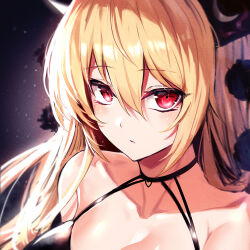 Rule 34 | 1girl, blonde hair, breasts, cleavage, close-up, closed mouth, commentary, hair between eyes, headdress, junko (touhou), koissa, large breasts, long hair, looking at viewer, red eyes, touhou