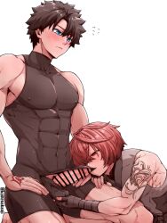 Rule 34 | 2boys, ambush (trap), arm tattoo, ball fondling, bandage gloves, bandaged hand, bandages, bara, bed, black bandages, black hair, blue eyes, blush, censored, clothes lift, covered erect nipples, erection, fate/grand order, fate (series), fujimaru ritsuka (male), fuuma kotarou (fate), gloves, hair over one eye, hand on thigh, hand tattoo, kamenakake, looking at another, looking down, male focus, male pubic hair, multiple boys, muscular, muscular male, nipples, parted bangs, pectorals, penis, pointless censoring, pubic hair, red eyes, red hair, shirt, shirt lift, shirt lift via mouth, shirt lifted by another, short hair, shoulder tattoo, simple background, skin tight, smile, tattoo, testicle grab, testicles, toned, toned male, trap, yaoi