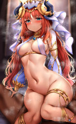 Rule 34 | 1boy, 1girl, absurdres, blue eyes, blush, bottomless, breasts, cowgirl position, dark-skinned male, dark skin, genshin impact, girl on top, hair ornament, hetero, highres, horns, jewelry, long hair, looking at viewer, medium breasts, neck ring, nilou (genshin impact), red hair, sex, sidelocks, solo focus, straddling, sunhyun, sweat, thighs, veil