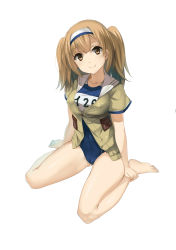 Rule 34 | 10s, 1girl, b3b, barefoot, breasts, brown eyes, clothes writing, feet, hairband, highres, i-26 (kancolle), kantai collection, large breasts, light brown hair, long hair, looking at viewer, name tag, new school swimsuit, one-piece swimsuit, open clothes, sailor collar, school swimsuit, short sleeves, simple background, smile, solo, swimsuit, swimsuit under clothes, toes, two-tone hairband, two side up