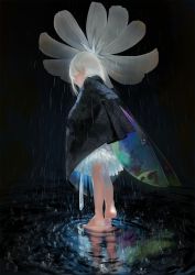 Rule 34 | 1girl, barefoot, fairy, fairy wings, flower, flower umbrella, from side, full body, has bad revision, has downscaled revision, highres, md5 mismatch, mizutame tori, original, rain, raincoat, resolution mismatch, ripples, solo, source smaller, water surface, white flower, white hair, wings