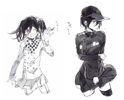 Rule 34 | . (deepblue27), 2girls, arm belt, arm under breasts, baseball cap, belt, black hair, black hat, black jacket, black scarf, black skirt, black sleeves, black thighhighs, breasts, buttons, chain, checkered clothes, checkered scarf, clenched hand, clenched teeth, collared jacket, collared shirt, commentary request, cropped legs, danganronpa (series), danganronpa v3: killing harmony, double-breasted, eyelashes, flying sweatdrops, genderswap, genderswap (mtf), hair between eyes, hair over one eye, hand up, hat, high collar, holding own arm, jacket, large breasts, layered sleeves, light blush, microscope, multiple girls, oma kokichi, one-eyed, open mouth, parted lips, pinstripe jacket, pinstripe pattern, pinstripe skirt, pleated skirt, pocket, purple eyes, ribbed legwear, saihara shuichi, scarf, shirt, short hair, short twintails, simple background, single thighhigh, skirt, skirt set, smile, sweatdrop, teeth, thighhighs, twintails, two-tone scarf, vertical-striped sleeves, waving, white background, white belt, white jacket, white scarf, white shirt, white skirt, white sleeves, white thighhighs, yellow eyes