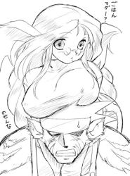 Rule 34 | 1boy, 1girl, animal ears, blush, braid, breasts, breath of fire, breath of fire iii, rabbit ears, dr.p, glasses, greyscale, large breasts, long hair, lowres, momo (breath of fire), monochrome, rei (breath of fire), twintails, white background
