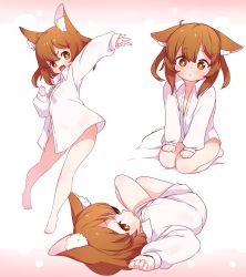 Rule 34 | 1girl, absurdres, ahoge, animal ear fluff, animal ears, barefoot, blush, brown eyes, brown hair, done (donezumi), fang, hair between eyes, hair ornament, hairpin, highres, long sleeves, looking at viewer, lying, medium hair, multiple views, no panties, no pants, open mouth, original, seiza, shirt, simple background, sitting, skin fang, standing, two side up, white shirt