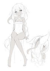 Rule 34 | 1girl, absurdres, animal ears, bare legs, bare shoulders, barefoot, collarbone, commentary request, criss-cross halter, dark-skinned female, dark skin, dress, extra mouth, futakuchi-onna, greyscale, hair between eyes, halterneck, highres, long hair, looking at viewer, monochrome, multiple views, original, parted lips, sharp teeth, sitting, sleeveless, sleeveless dress, teeth, tongue, tongue out, very long hair, white background, yuui hutabakirage