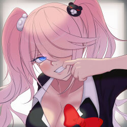 Rule 34 | 1girl, bear hair ornament, black shirt, blonde hair, blue eyes, bow, breasts, cleavage, collarbone, danganronpa: trigger happy havoc, danganronpa (series), enoshima junko, finger in own mouth, grin, hair ornament, hair over one eye, hand up, highres, kana (4276zero), large breasts, multicolored hair, pink hair, red bow, shirt, smile, solo, swept bangs, teeth, twintails, two-tone hair, white shirt