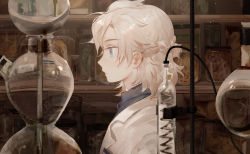 Rule 34 | 1boy, absurdres, albedo (genshin impact), alchemist, alchemy, blonde hair, blue eyes, blue shirt, braid, chajott64, chinese commentary, coat, commentary request, crown braid, erlenmeyer flask, flask, from side, genshin impact, highres, indoors, jar, lab coat, laboratory, male focus, muted color, profile, round-bottom flask, serious, shelf, shirt, short hair, solo, test tube rack, upper body, white coat