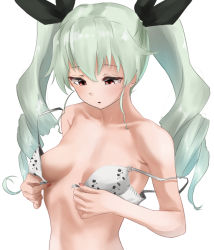 Rule 34 | 1girl, anchovy (girls und panzer), blush, bra, breasts, collarbone, commentary request, commission, drill hair, girls und panzer, green hair, hair ribbon, highres, long hair, pixiv commission, red eyes, ribbon, simple background, solo, striped, tama (tamago), twin drills, twintails, underwear, underwear only, undressing, upper body, white background