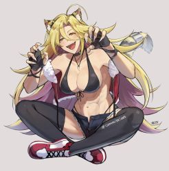 Rule 34 | 1girl, :d, abs, ahoge, animal ears, belt collar, black bra, black gloves, black panties, black shorts, black thighhighs, blonde hair, bra, breasts, claw pose, claws, cleavage, collar, collarbone, commission, crossed legs, cutoffs, denim, denim shorts, fangs, fingerless gloves, front-tie top, fur trim, gloves, groin tendon, hair between eyes, high tops, highleg, highleg panties, highres, indian style, indie virtual youtuber, jewelry, large breasts, long hair, muscular, muscular female, necklace, open fly, open mouth, panties, panty straps, partially unbuttoned, red footwear, red vest, shoes, short shorts, shorts, signature, sitting, sleeveless, smile, sneakers, solo, string panties, sunsirou, tail, tala tora, thighhighs, tiger ears, tiger tail, unbuttoned, underwear, very long hair, vest, virtual youtuber, white footwear, wrist wrap, yellow eyes