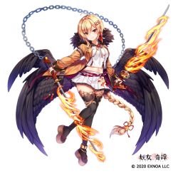 Rule 34 | 1girl, ahoge, angel wings, black thighhighs, blonde hair, braid, breasts, chain, closed mouth, copyright request, crop top, dual wielding, earrings, feathered wings, fire, full body, fur collar, gold trim, hair ornament, hairclip, holding, holding sword, holding weapon, jacket, jewelry, long hair, long sleeves, looking at viewer, low ponytail, maett, medium breasts, midriff, miniskirt, navel, official art, open clothes, open jacket, orange jacket, platform footwear, pleated skirt, red eyes, sailor collar, sandals, shirt, simple background, single braid, skirt, smile, solo, sword, thighhighs, very long hair, weapon, white background, white shirt, white skirt, wings, zettai ryouiki, zouri