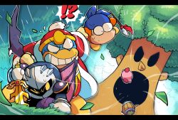 Rule 34 | absurdres, bandana, bandana waddle dee, cape, clenched teeth, coat, galaxia (sword), hammer, highres, holding, holding hands, holding sword, holding weapon, king dedede, kirby, kirby&#039;s return to dream land, kirby (series), leaf, letterboxed, mask, meta knight, nintendo, one eye closed, open mouth, planted, planted sword, planted weapon, polearm, rariatto (ganguri), spear, sword, teeth, tree, weapon, whispy woods, wind, wings
