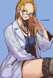 Rule 34 | 1girl, adjusting eyewear, alternate costume, aosora2823, artist name, black eyes, black thighhighs, blonde hair, blue shirt, breasts, cleavage, coat, collarbone, commentary, doctor, earrings, fanbox username, feet out of frame, fishnet thighhighs, fishnets, glasses, grey-framed eyewear, hair behind ear, hair over shoulder, head tilt, highres, jewelry, kalifa (one piece), lab coat, lapels, blue background, lips, long hair, looking over eyewear, looking to the side, medium breasts, one piece, open clothes, open mouth, parted bangs, pocket, shirt, simple background, sitting, solo, stethoscope, straight hair, thighhighs, thighs, twitter username, v-neck, v-shaped eyebrows, white coat