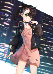 Rule 34 | 1girl, absurdres, asymmetrical bangs, black choker, black hair, black jacket, breasts, building, choker, chromatic aberration, cleavage, collarbone, commentary request, creatures (company), dress, fingernails, game freak, green eyes, hand up, highres, jacket, leather, leather jacket, lisu, long sleeves, looking at viewer, marnie (pokemon), nintendo, open clothes, open jacket, pink dress, pokemon, pokemon swsh, skyscraper, small breasts, solo, twintails