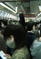 Rule 34 | 131 nngo, 1girl, 1other, 6+boys, black hair, business suit, cellphone, earbuds, earphones, formal, glasses, halo, headphones, highres, hood, long hair, mask, mouth mask, multiple boys, original, phone, red halo, smartphone, solo focus, suit, train interior